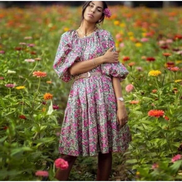 Zara Floral Puff Sleeve Mini Dress Pink Size L / Pristine - Picture 1 of 9